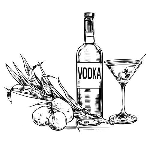 a bottle of vodka, a glass and potatoes